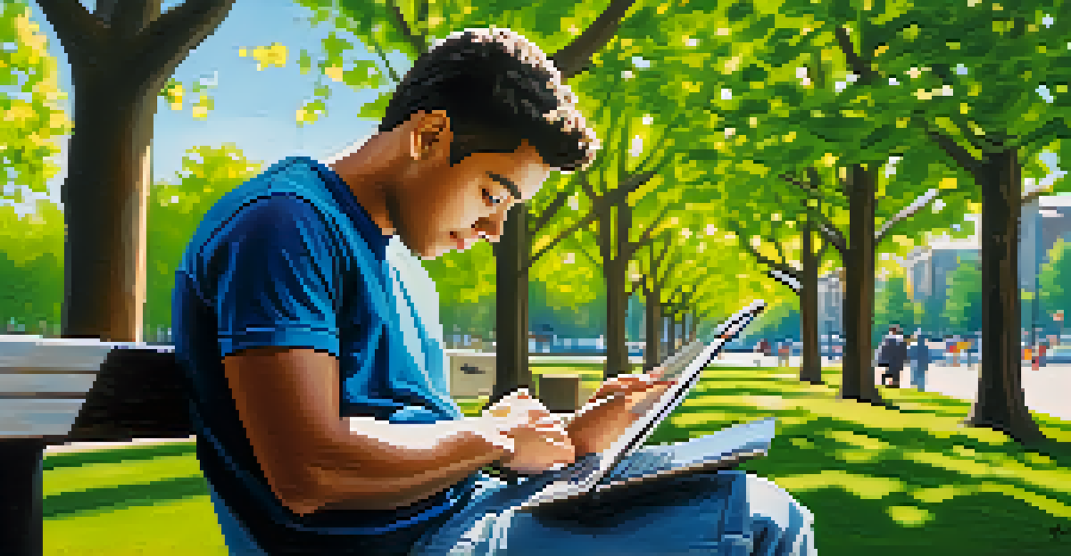 An adult learner studying on a mobile device outdoors on a park bench, surrounded by greenery and blue sky.