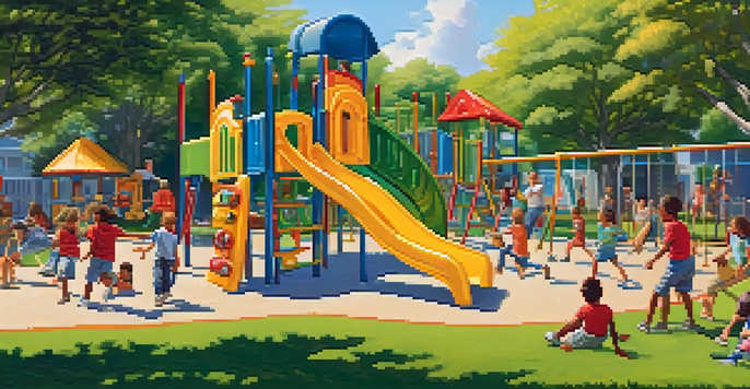 Children playing joyfully in a colorful playground, climbing and running around, under a bright blue sky.
