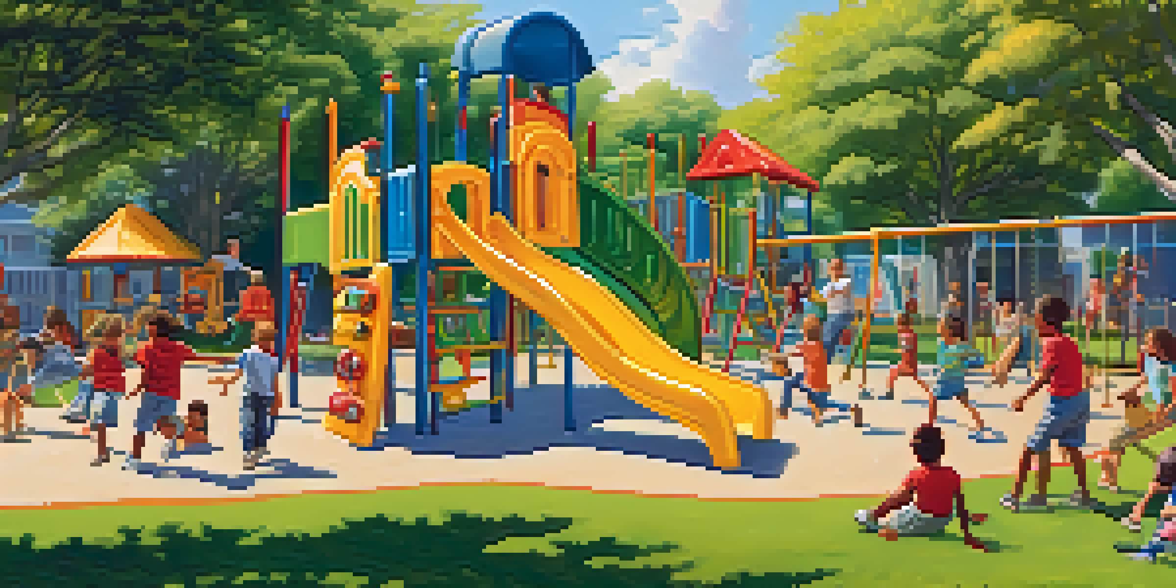 Children playing joyfully in a colorful playground, climbing and running around, under a bright blue sky.