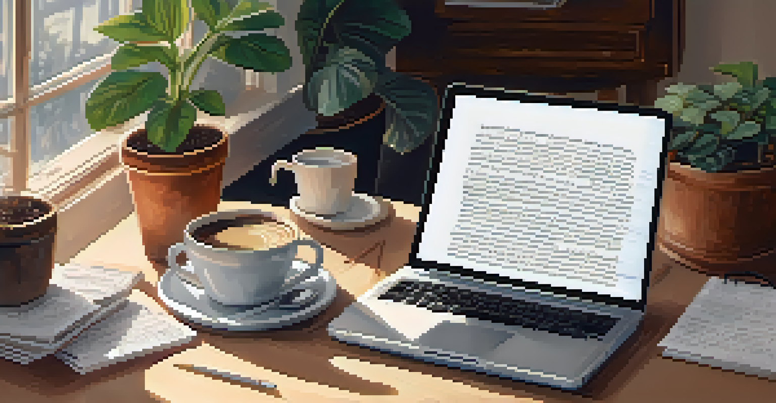 A cozy workspace with an open laptop, notes, and coffee, emphasizing the balance of self-care in online activism.