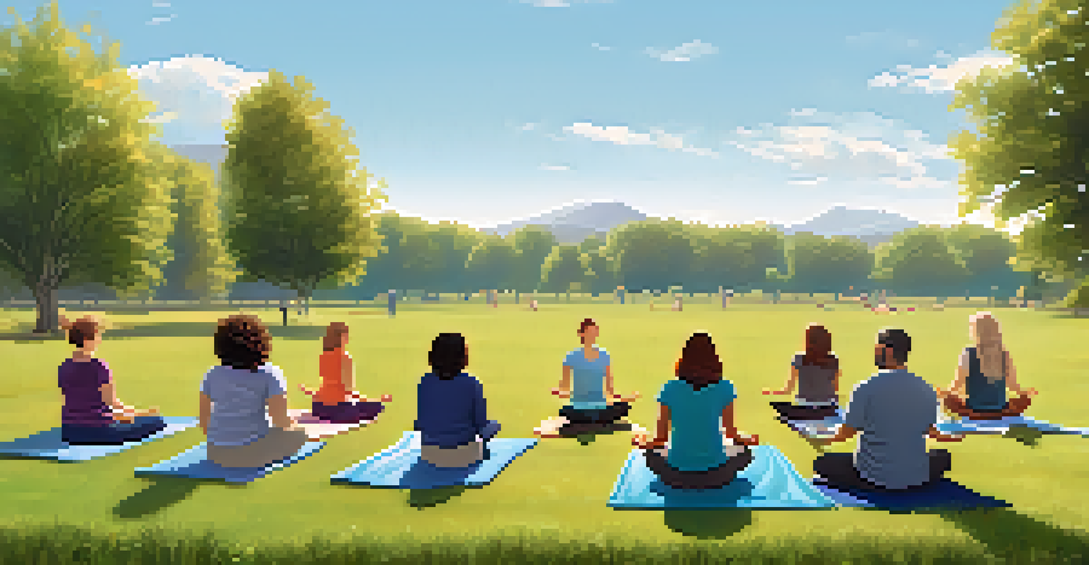 Educators practicing yoga in a sunny outdoor setting during a self-care workshop, with healthy snacks nearby.