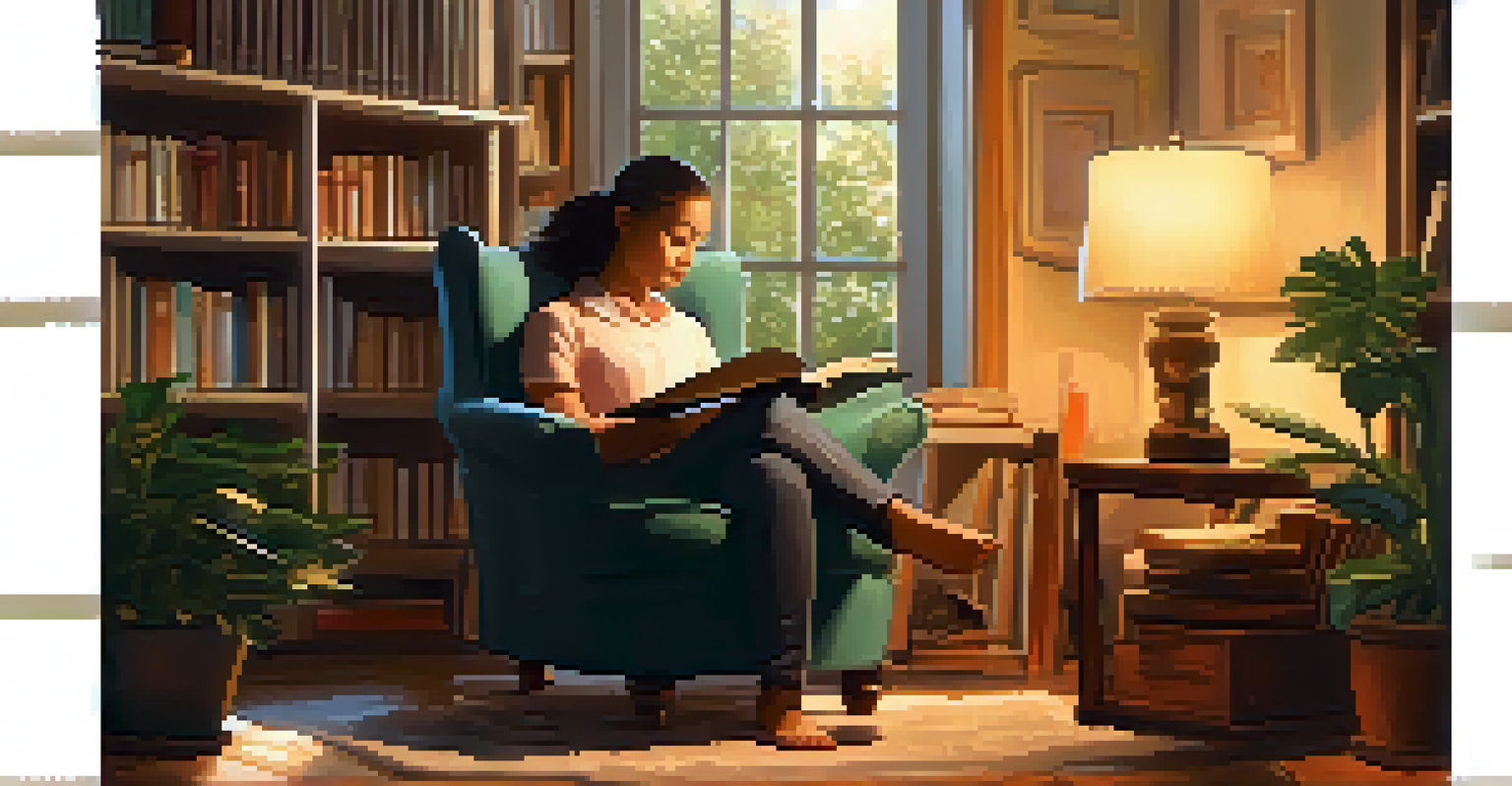 A person reading in a cozy nook surrounded by books, symbolizing peaceful learning and personal development.