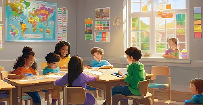 A classroom where a teacher uses a tablet to communicate with parents through video call, surrounded by educational materials and sunlight.