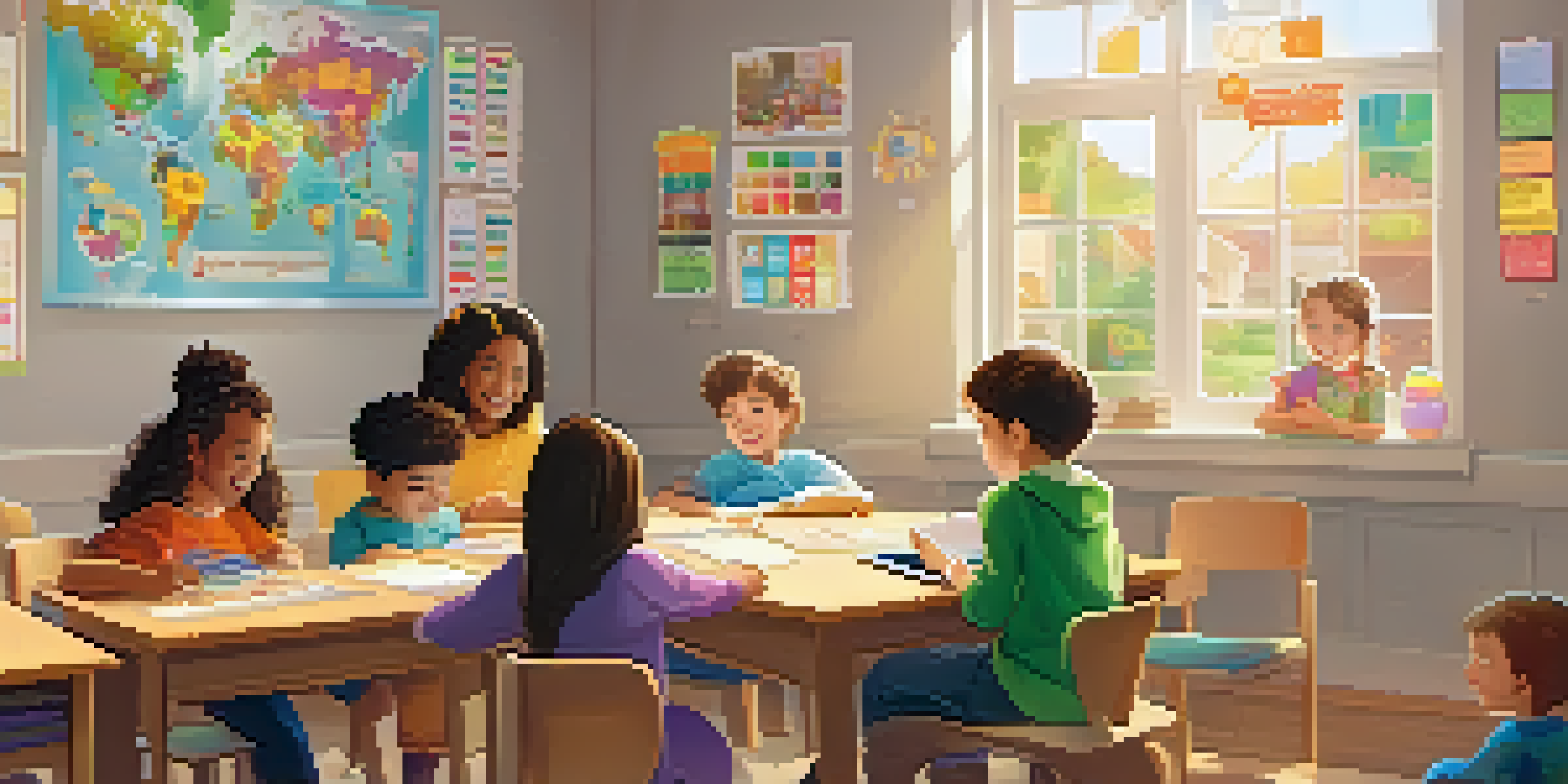 A classroom where a teacher uses a tablet to communicate with parents through video call, surrounded by educational materials and sunlight.