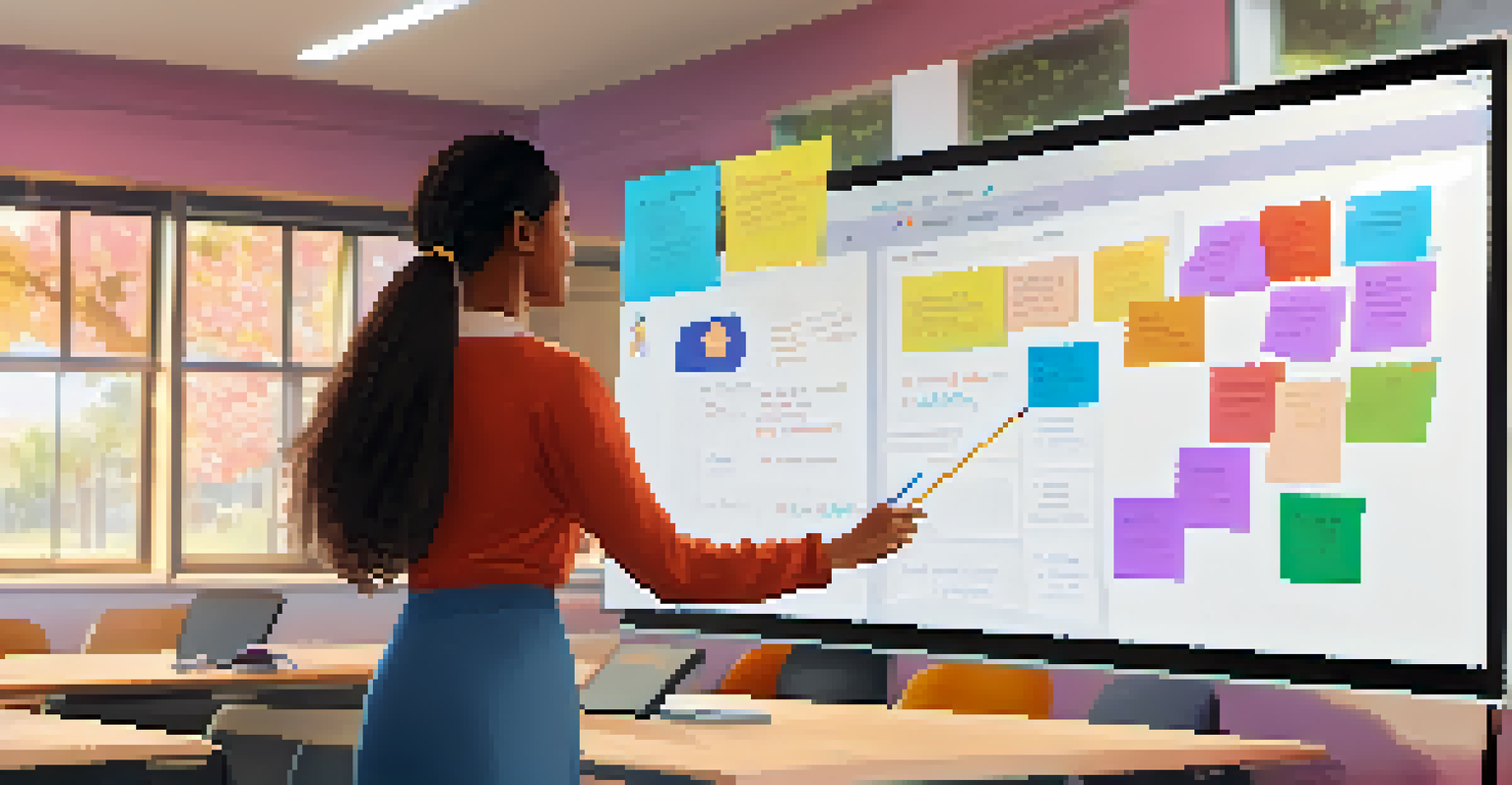 A virtual classroom with a teacher leading an online discussion, displaying students' faces on the screen and colorful notes on a digital whiteboard.