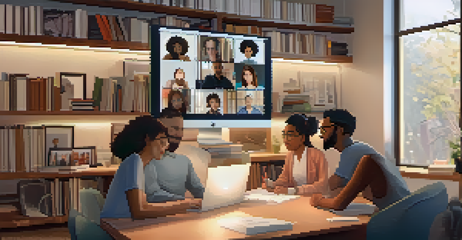 A virtual study group with students collaborating on a project in a cozy home study environment.