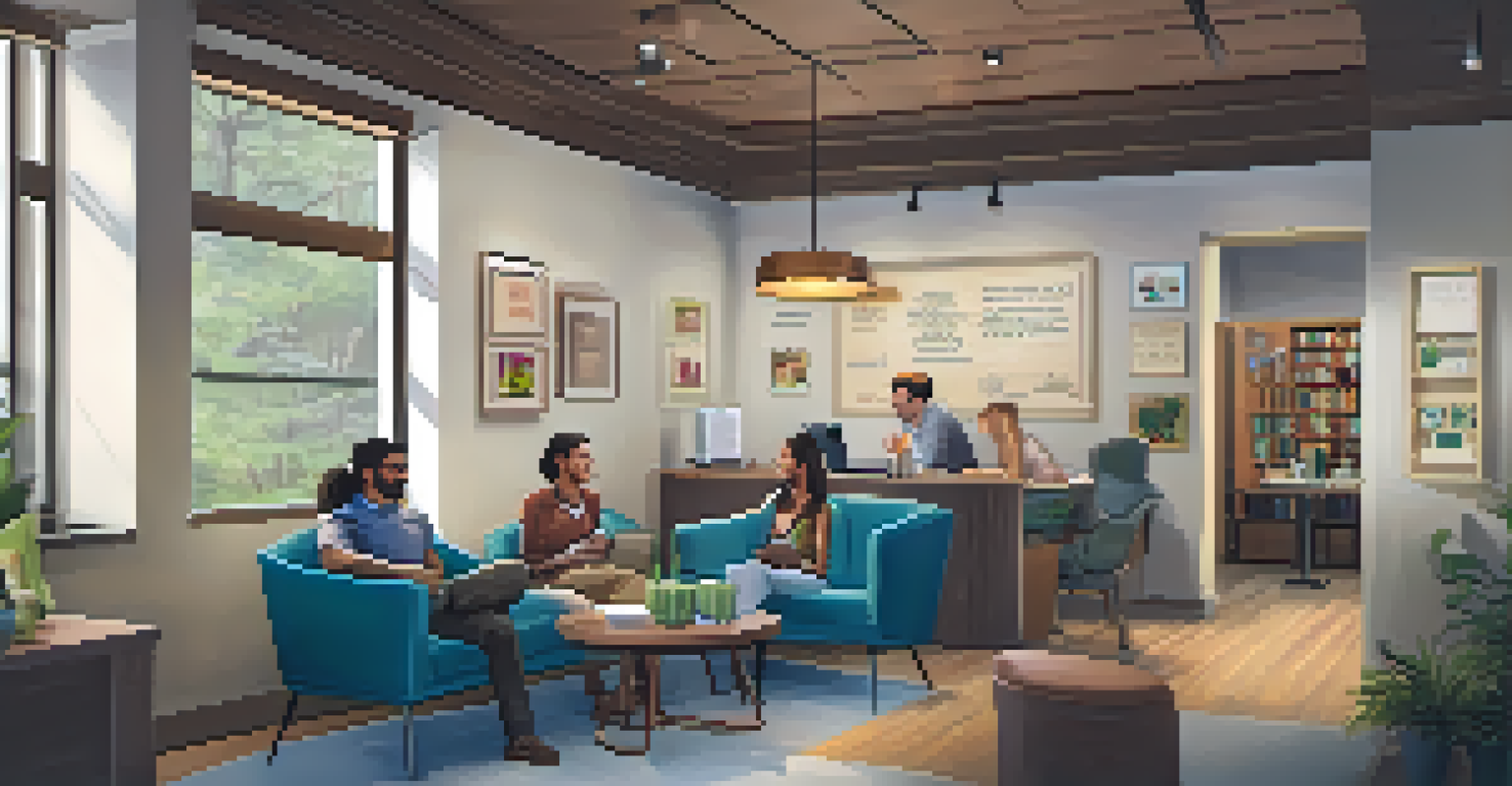 A warm and inviting teacher's lounge where educators are sharing a conversation over coffee.