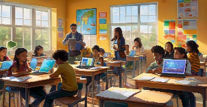 A classroom with diverse students using digital learning tools, bright sunlight, and a teacher guiding them.