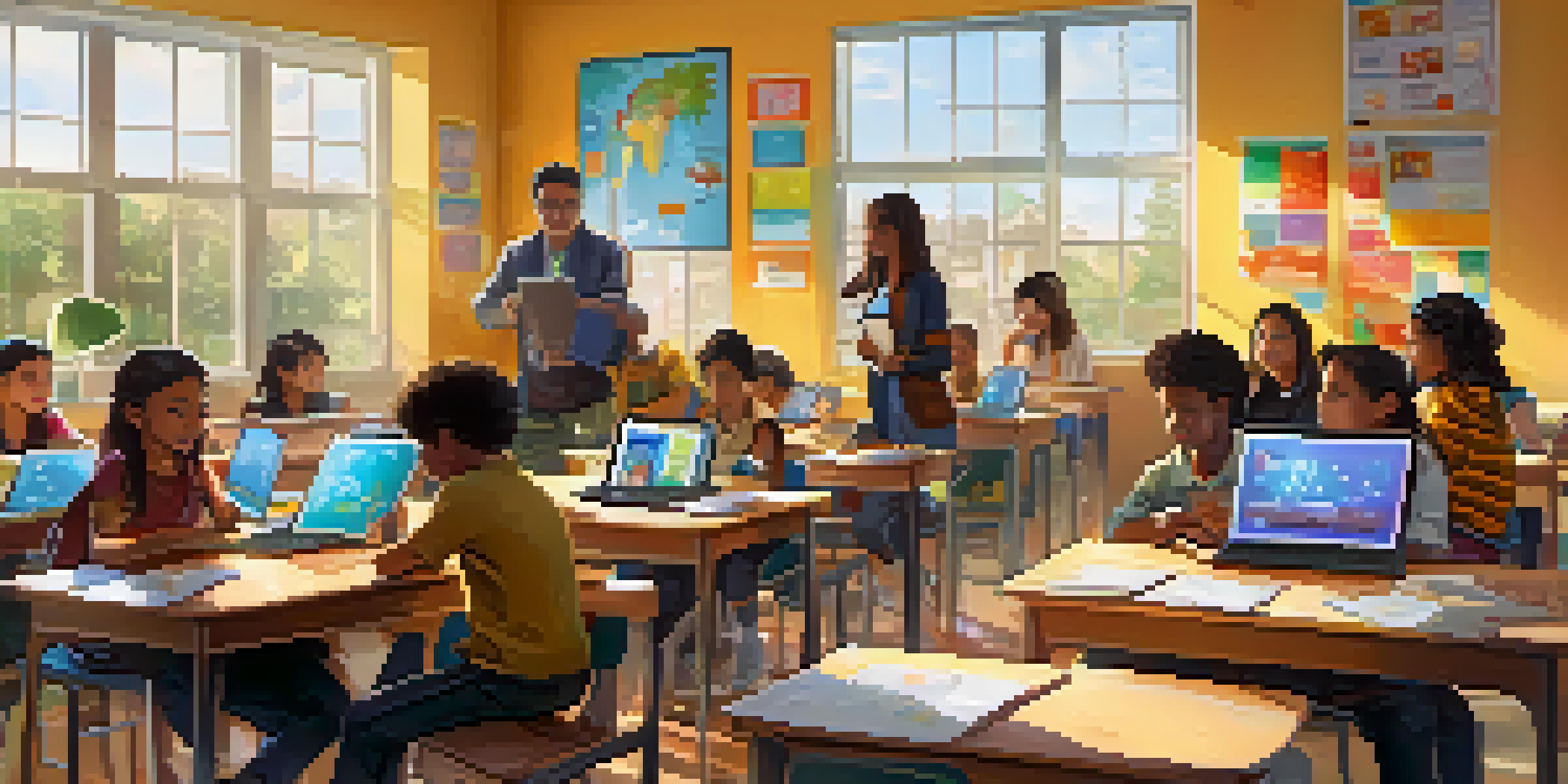 A classroom with diverse students using digital learning tools, bright sunlight, and a teacher guiding them.