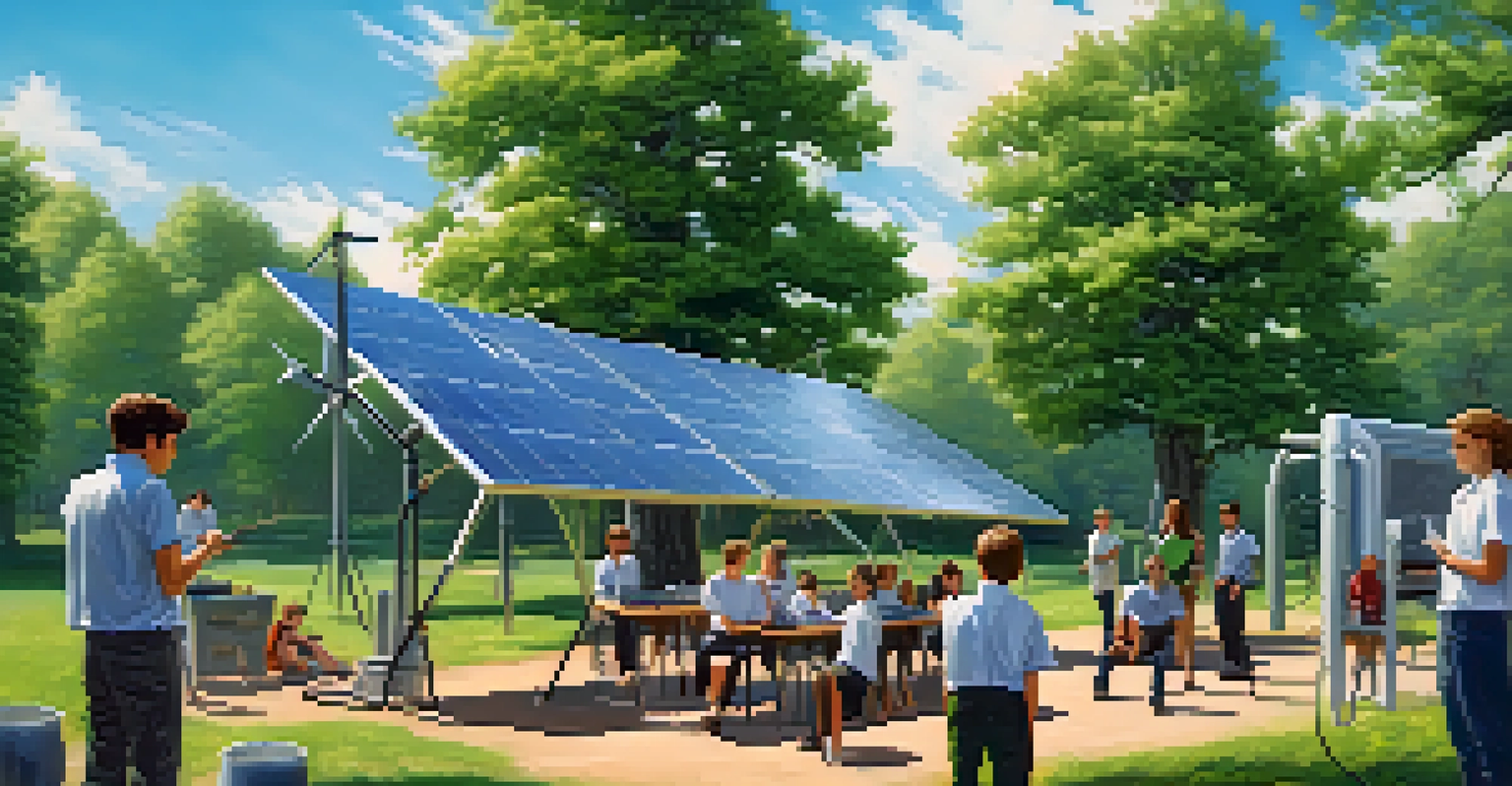 Students conducting a renewable energy experiment outdoors with solar panels and wind turbines against a bright blue sky.