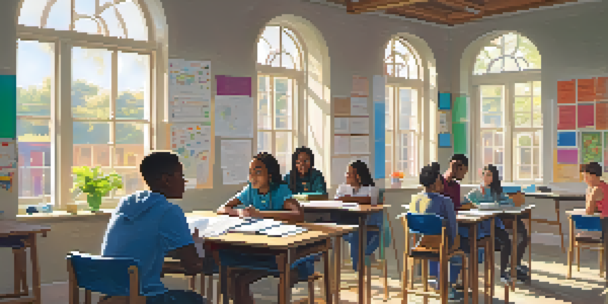 A classroom filled with diverse students working together, with sunlight streaming through the windows and colorful educational materials around them.
