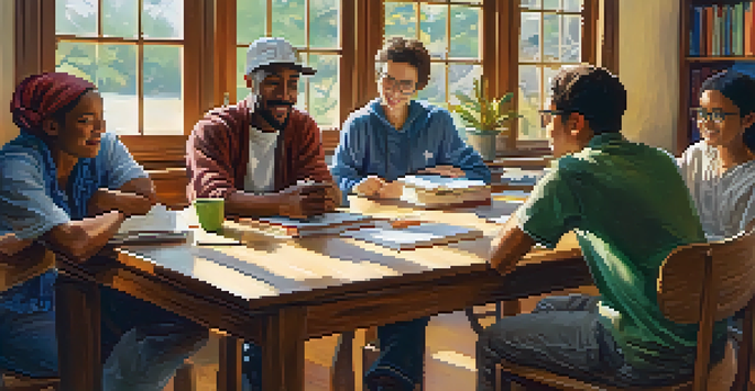 A diverse group of people sitting around a table, discussing and sharing ideas, with books and laptops in a bright room.