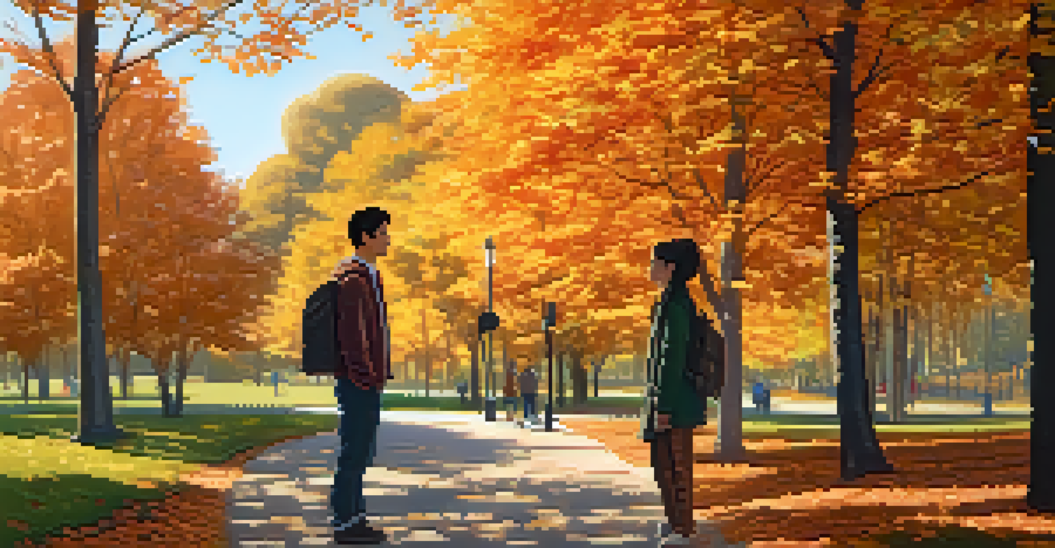 A mentor and a student walking in a park, discussing under the colorful autumn trees, with the sun shining warmly on them.