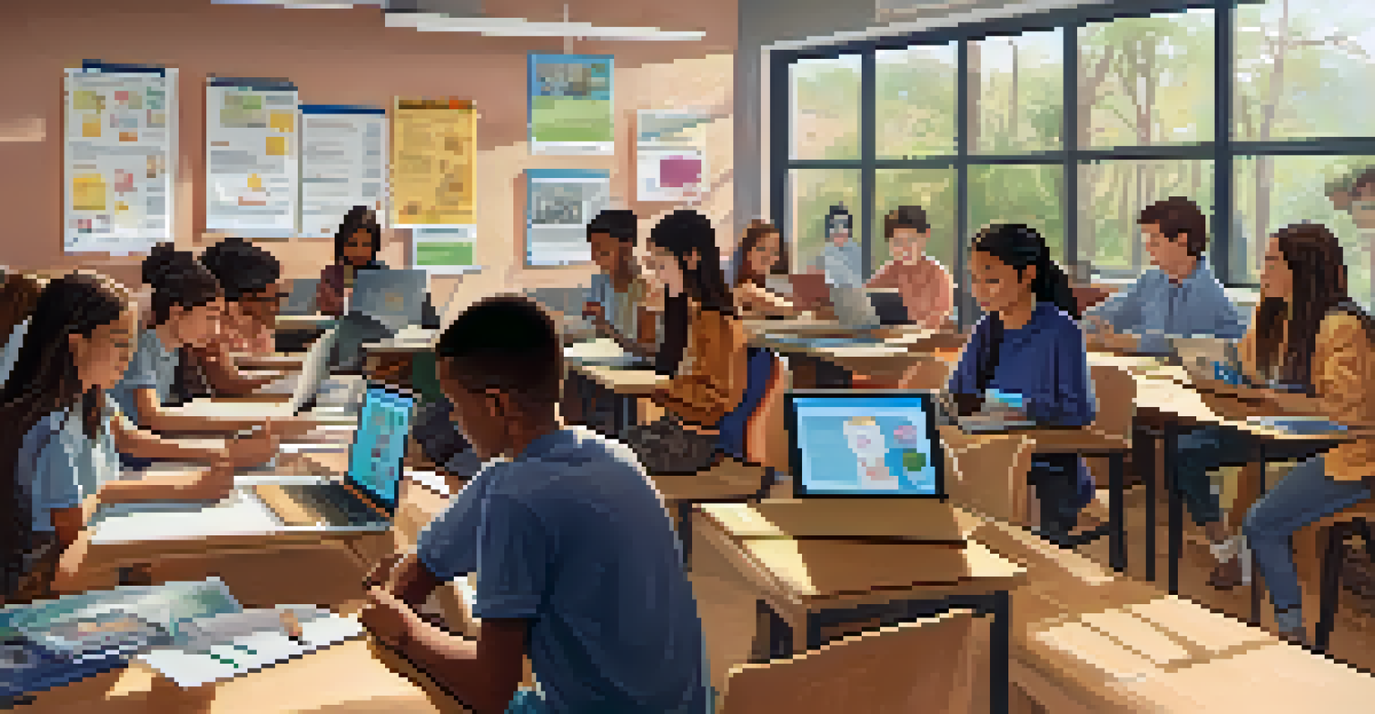 Students in a classroom using laptops for a group project, with posters on digital citizenship on the walls.
