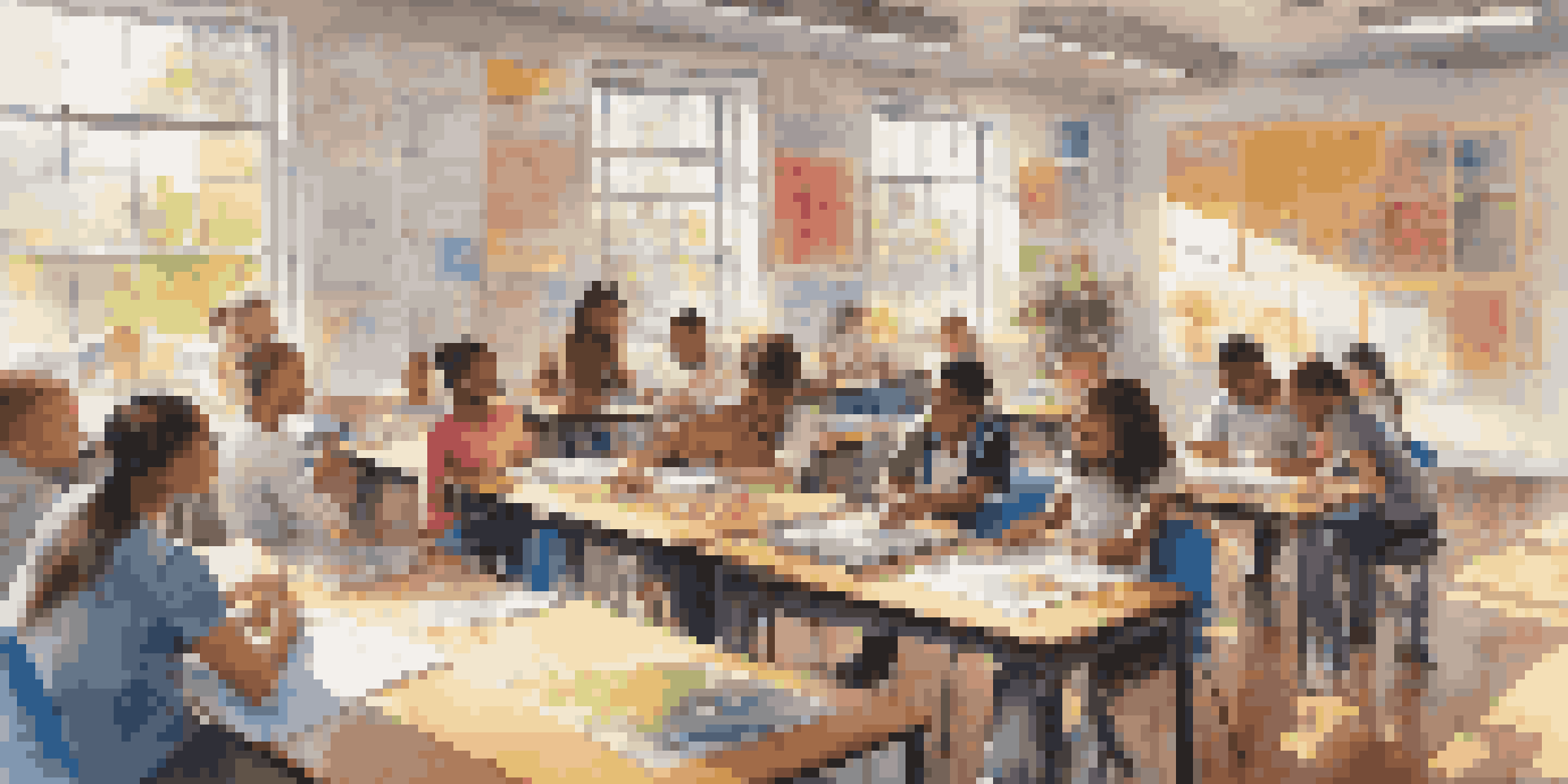 A bright classroom with students of various backgrounds working together on a project, surrounded by educational materials and sunlight.