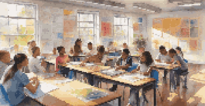A bright classroom with students of various backgrounds working together on a project, surrounded by educational materials and sunlight.
