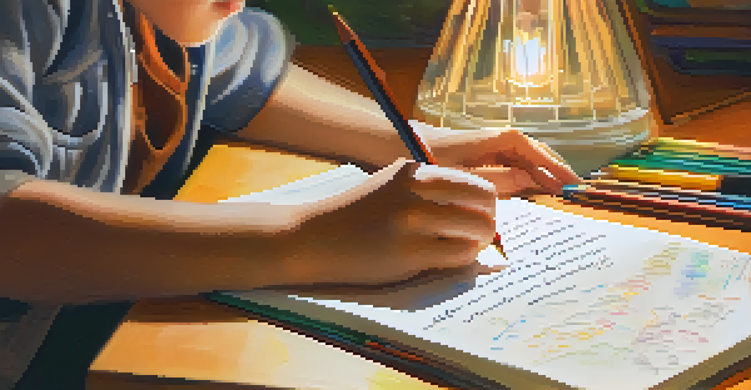 A student's hands writing in an inquiry journal filled with sketches and questions, with a warm lamp lighting the scene.