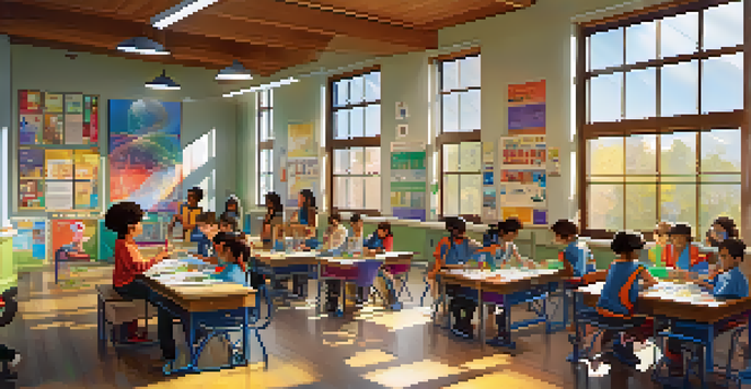 A diverse group of children collaborating on a robotics project in a bright classroom filled with educational materials.
