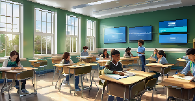 A vibrant classroom with students interacting with tablets and a large screen displaying online content, illuminated by natural sunlight.