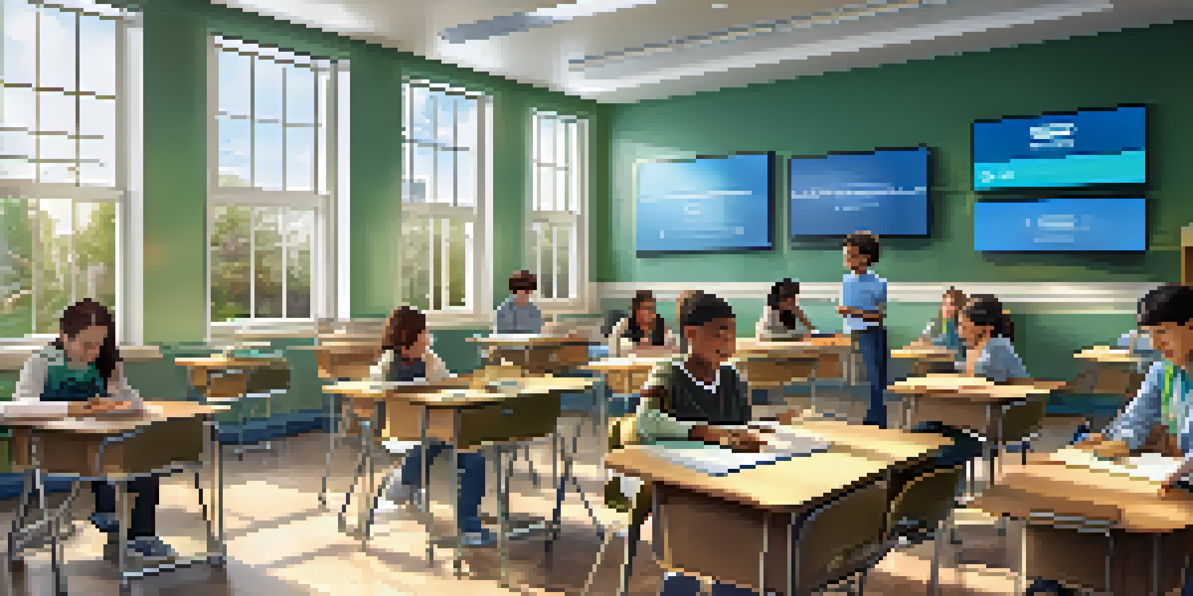A vibrant classroom with students interacting with tablets and a large screen displaying online content, illuminated by natural sunlight.