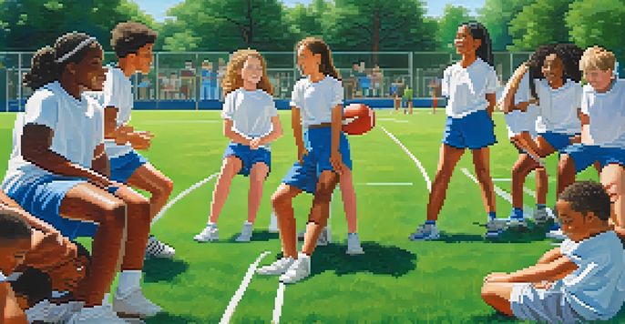 A diverse group of young athletes sitting in a circle on a sports field, engaging in a team-building exercise, showing smiles and expressions of support among each other.