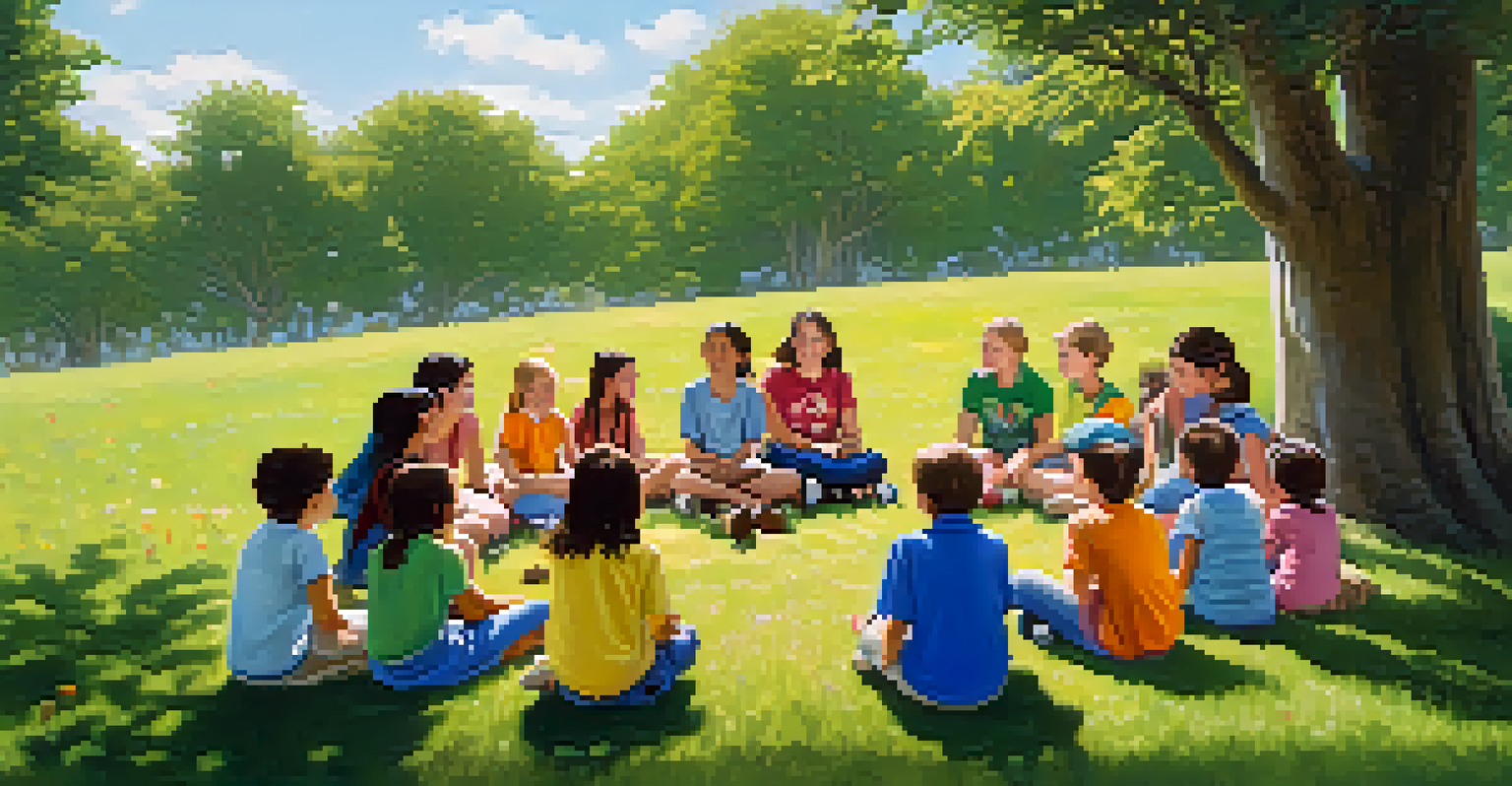 Children sitting on grass, discussing their thoughts after a nature walk with a teacher nearby, set in a beautiful outdoor environment.