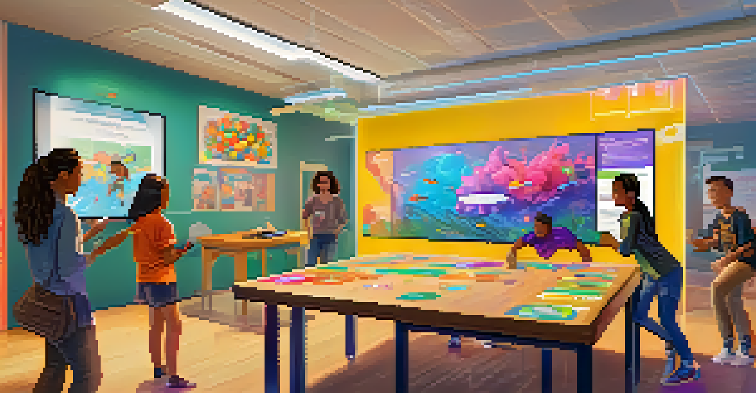 Students participating in a fun, gamified learning activity with an AI assistant visible in the background.