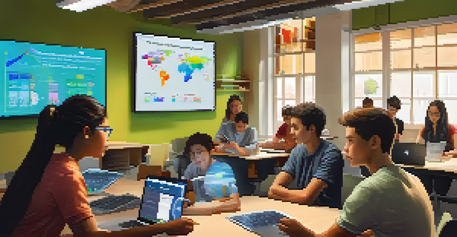 Students analyzing environmental data on a laptop, engaged in a sustainability project, in a well-lit study room with bookshelves.
