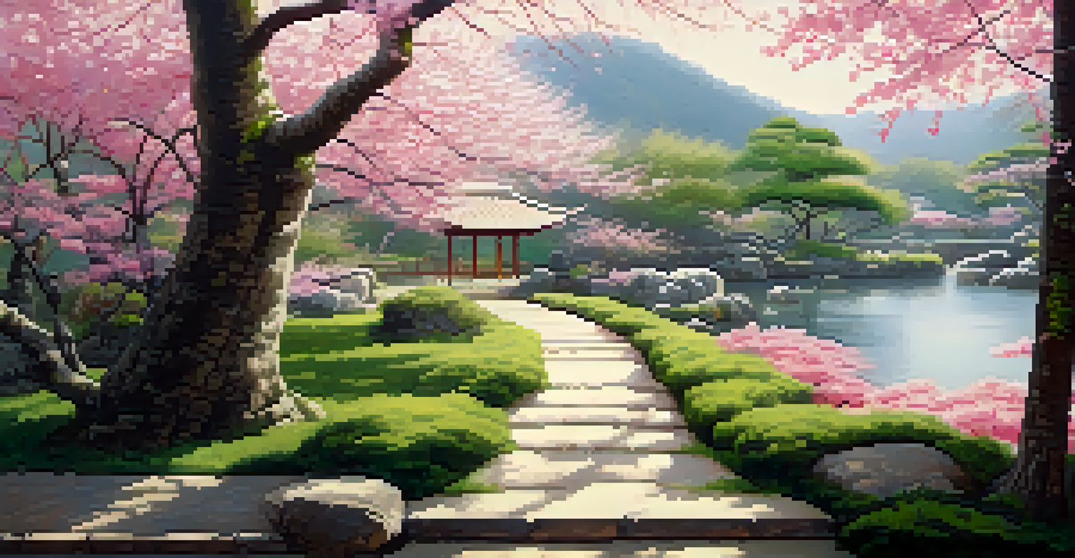 A peaceful Japanese garden with blooming cherry blossoms, a traditional tea house, and dappled sunlight creating a serene ambiance.