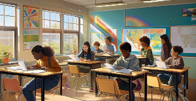A classroom filled with students from various cultural backgrounds working together in groups, with sunlight illuminating the room.