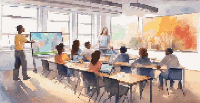 A virtual classroom with students and a teacher engaged in an online learning session, showcasing technology and collaboration.