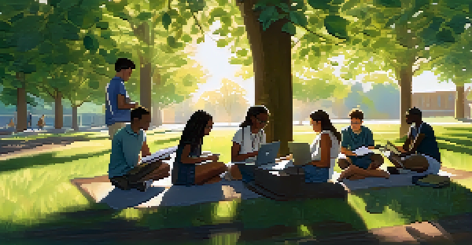 A diverse group of students working together on an environmental project in a park, discussing ideas and using laptops.