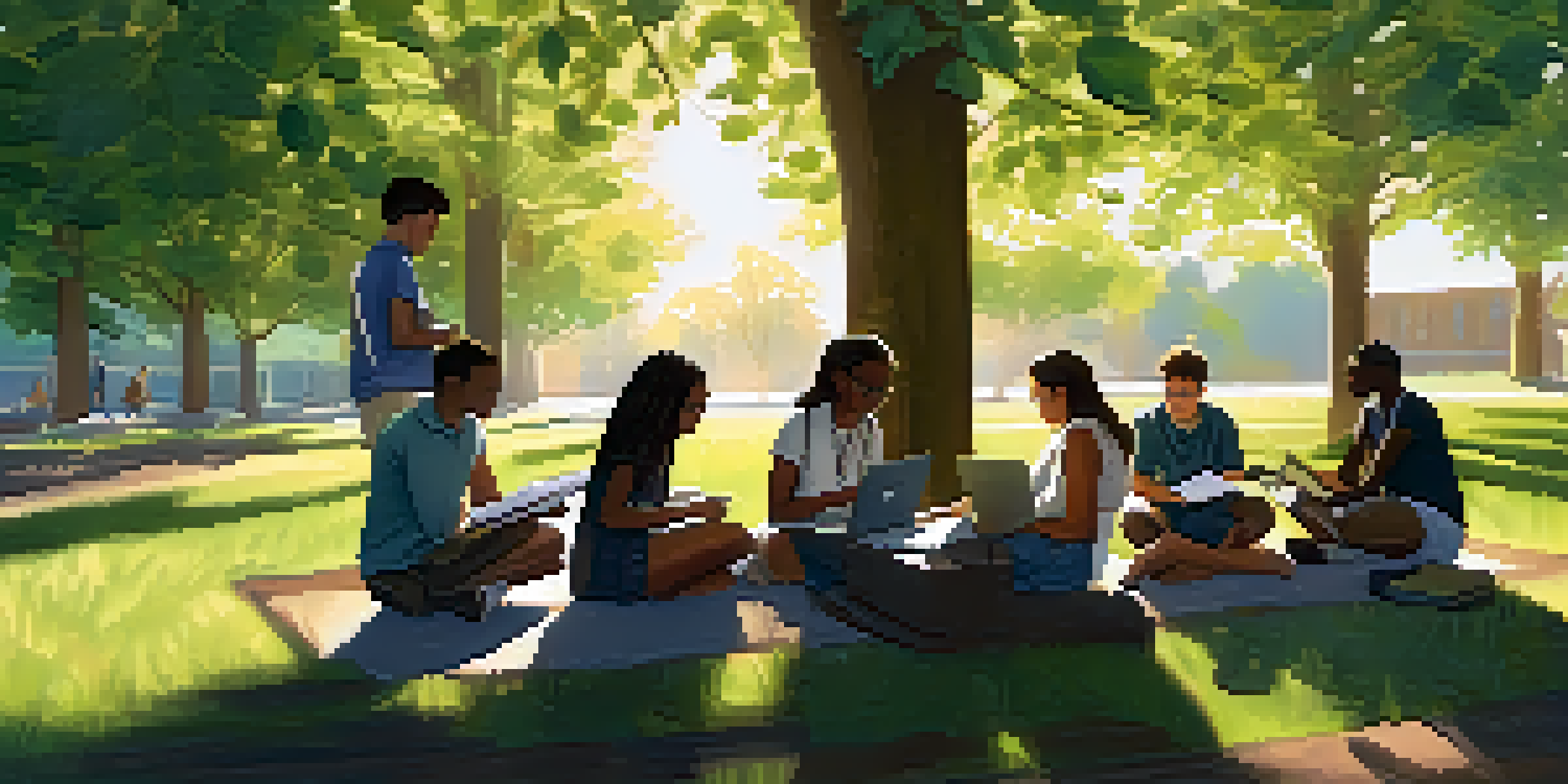A diverse group of students working together on an environmental project in a park, discussing ideas and using laptops.