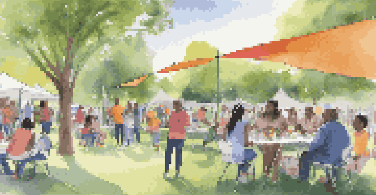 Families gathered at a community event in a park, with tables offering information about digital equity programs, colorful banners, and children playing nearby.