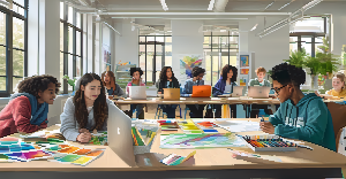 A diverse group of students collaborating on a project at a table filled with materials, in a bright classroom.
