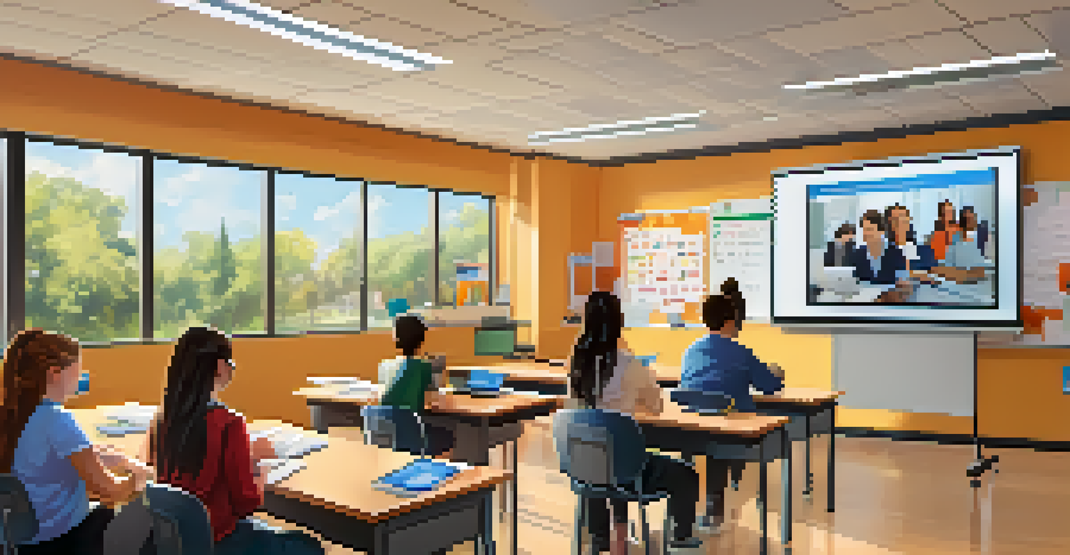 A hybrid learning classroom with students both in-person and online, illustrating the new era of education combining traditional and digital methods.