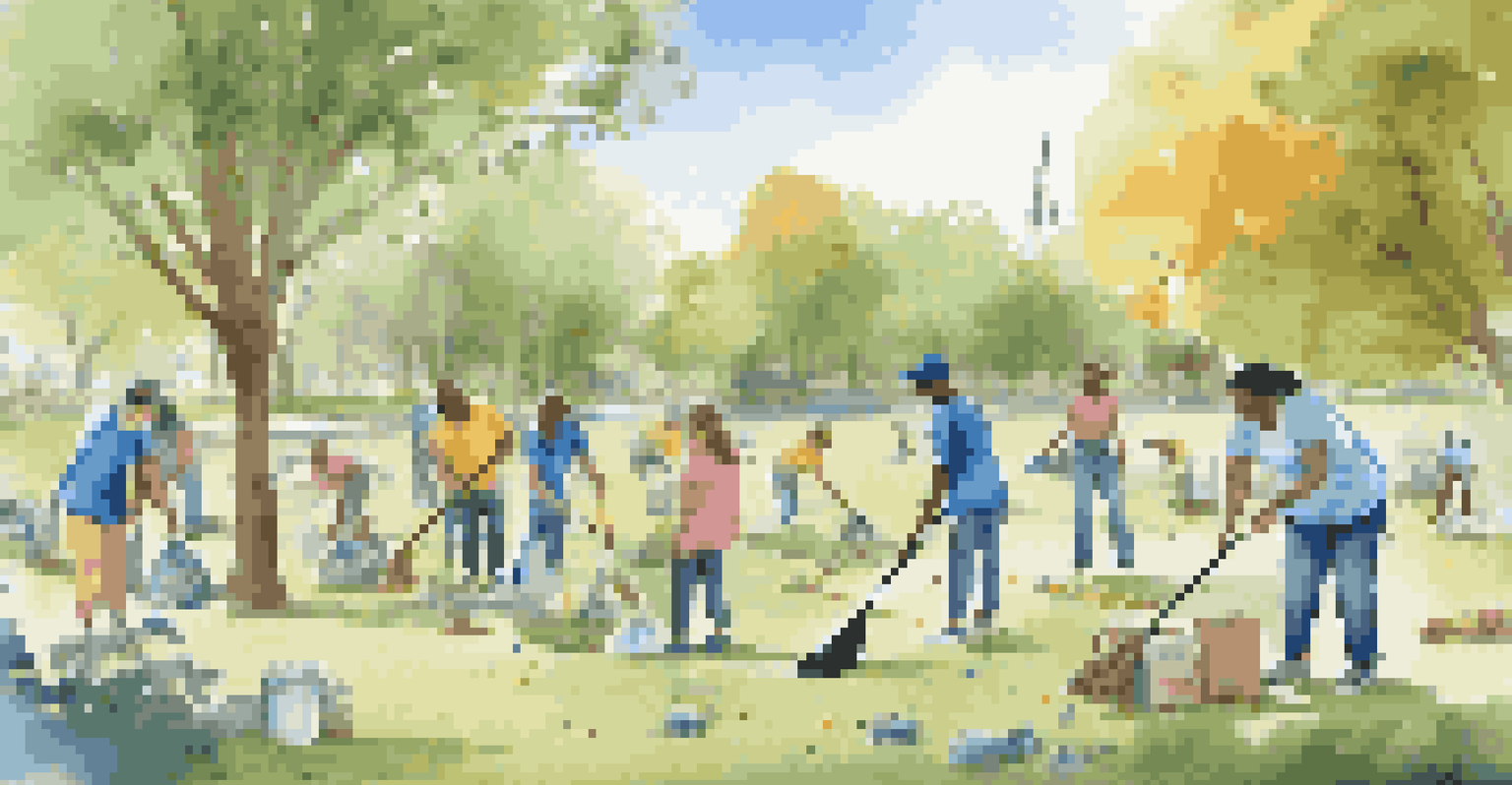 A community clean-up event in a park, with diverse people picking up litter under a blue sky, promoting environmental awareness.