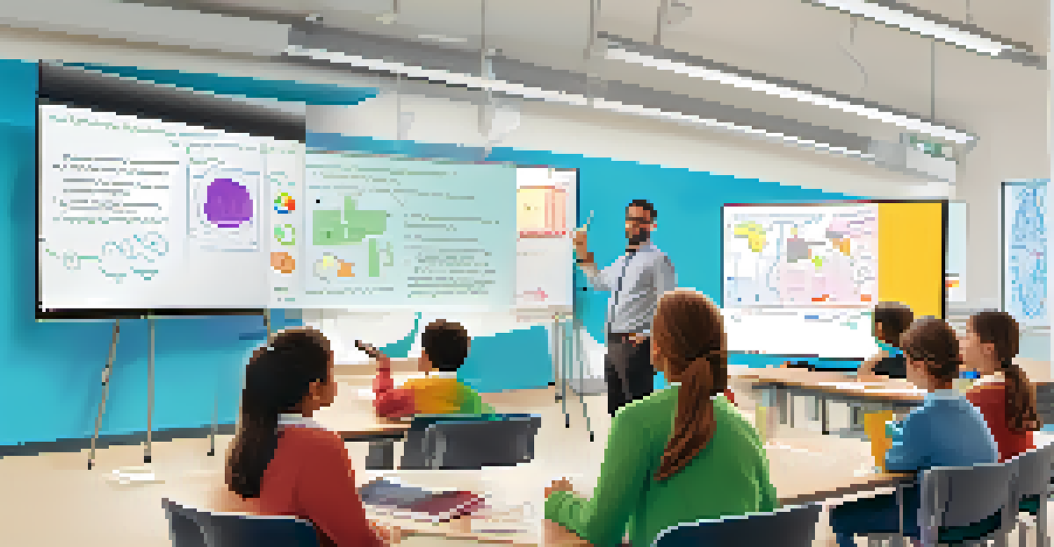 An educator teaching a class, using a whiteboard and technology, with students attentively listening.