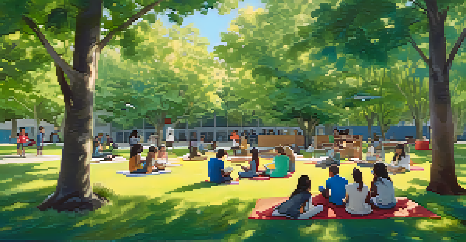 Students sitting in a peaceful outdoor setting, discussing and reading among green trees and a whiteboard.