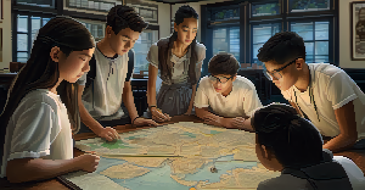 A group of students in a classroom using AR glasses to explore virtual representations of ancient civilizations, discussing and engaged in learning.