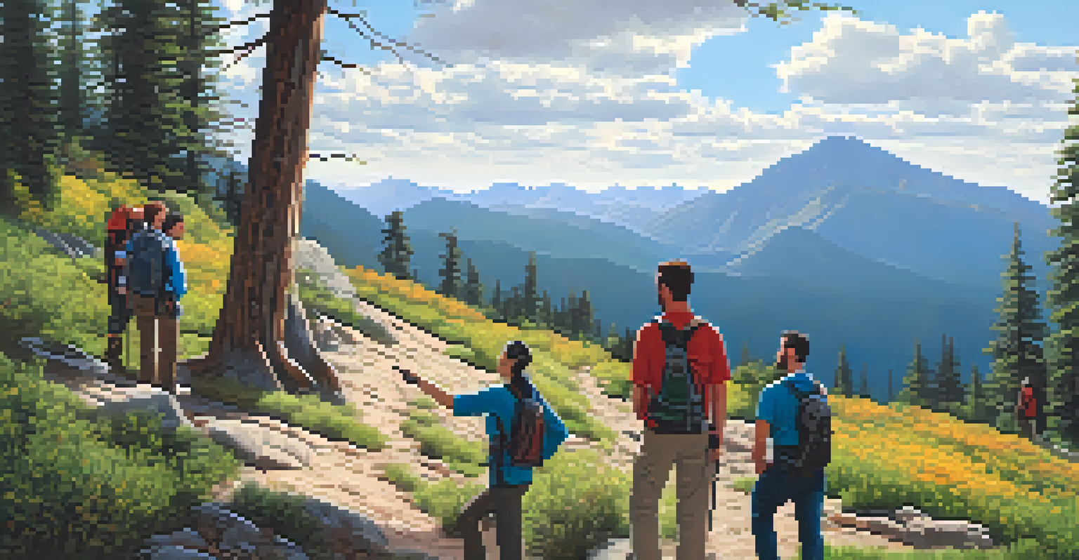 Colleagues collaborating on a hiking trail, discussing how to navigate a rocky path surrounded by nature.