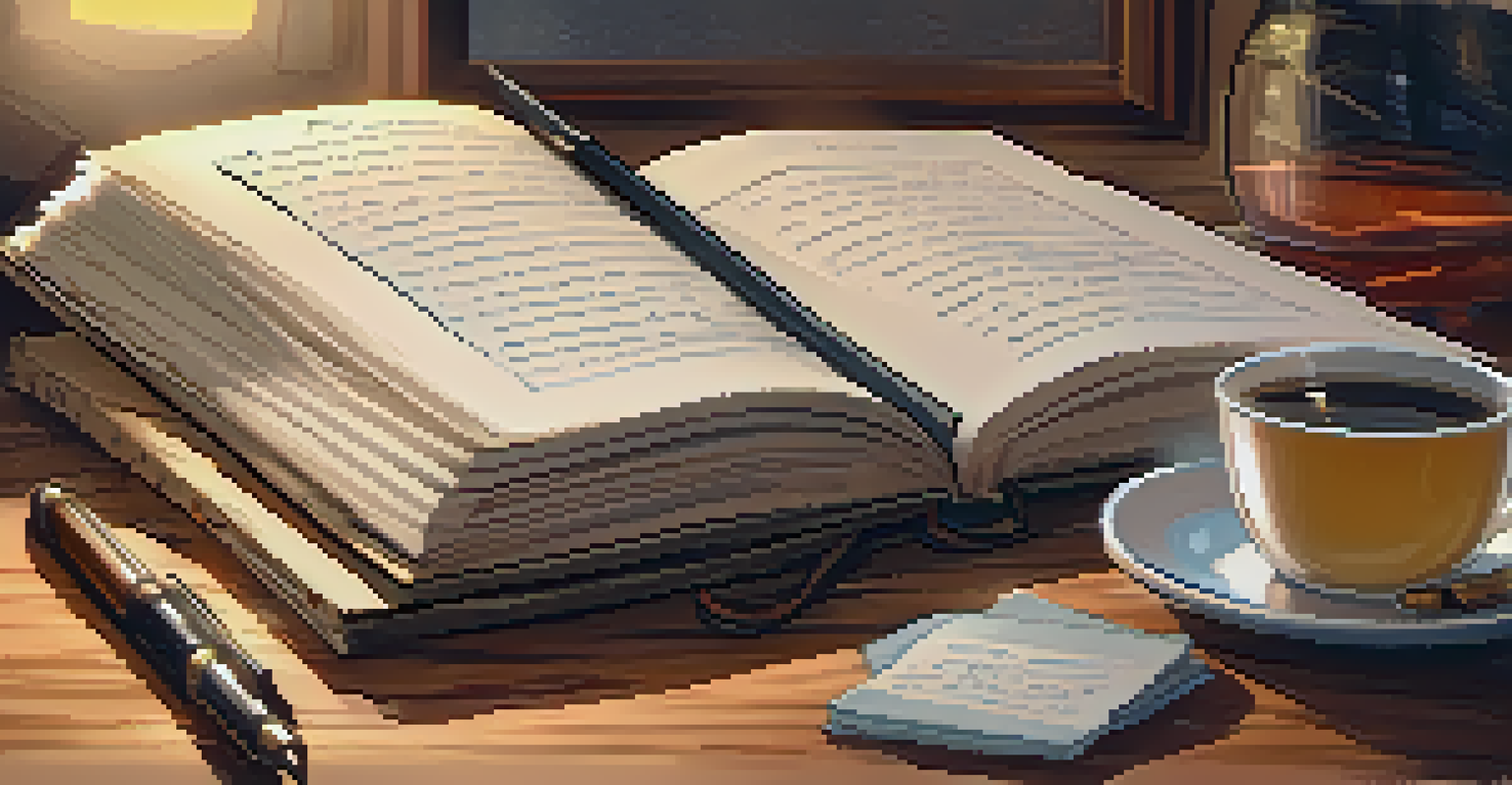 An open reflection journal with handwritten notes and sketches on a wooden desk, accompanied by a steaming cup of tea and a warm lamp light.