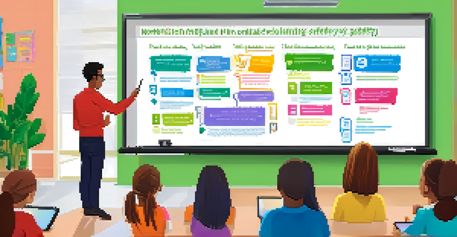 An educator teaching digital citizenship in a modern classroom with a digital whiteboard displaying colorful educational graphics.