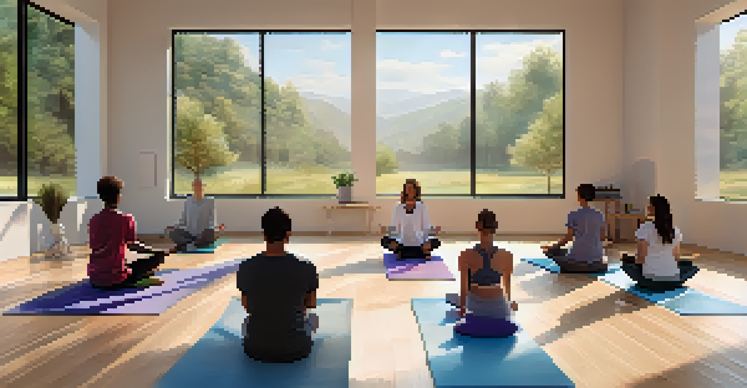 An educator guiding students in mindfulness exercises on yoga mats in a bright room with natural views.