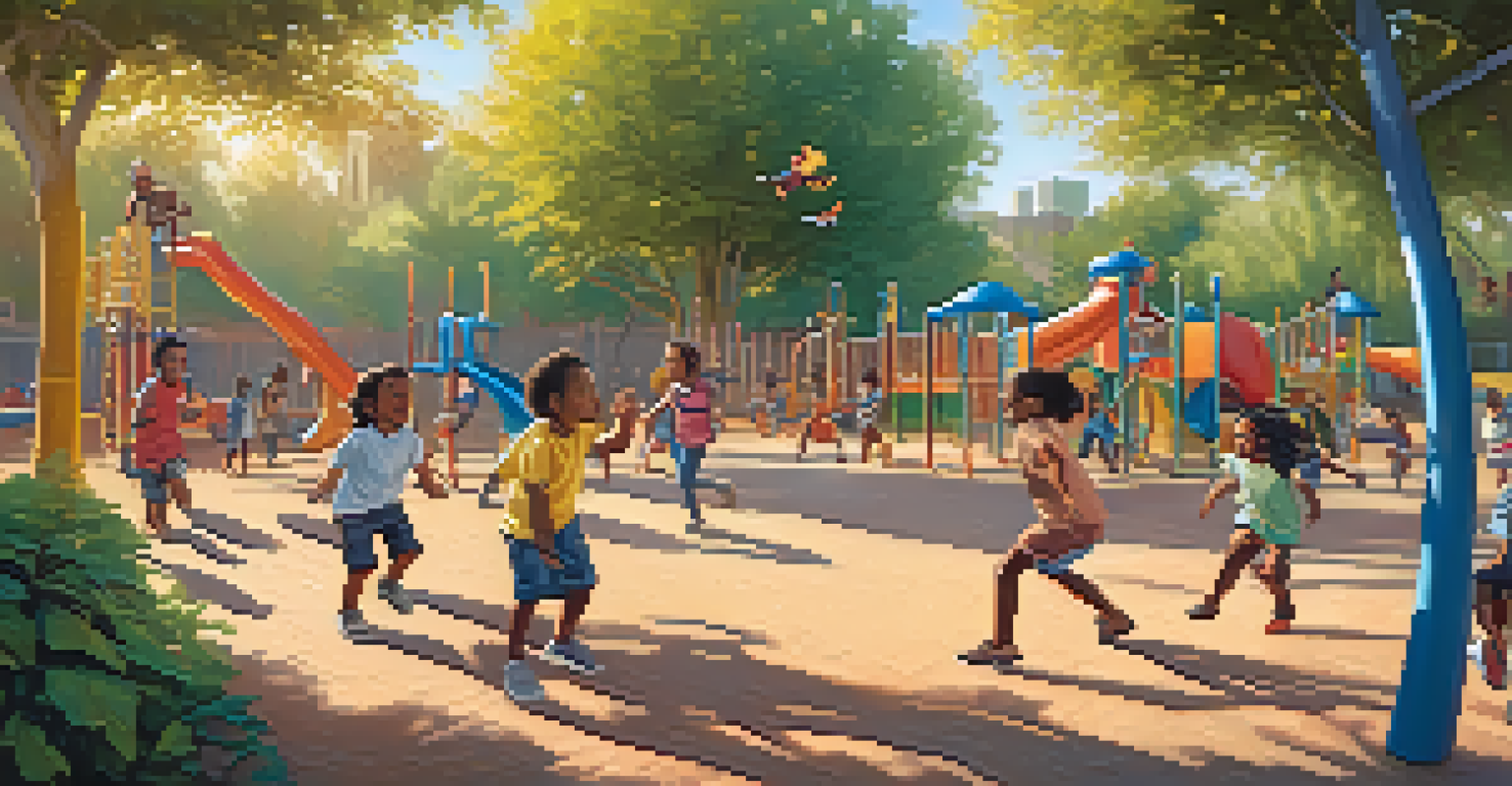 Children playing together in a colorful playground, mimicking each other's movements in a sunny outdoor setting.