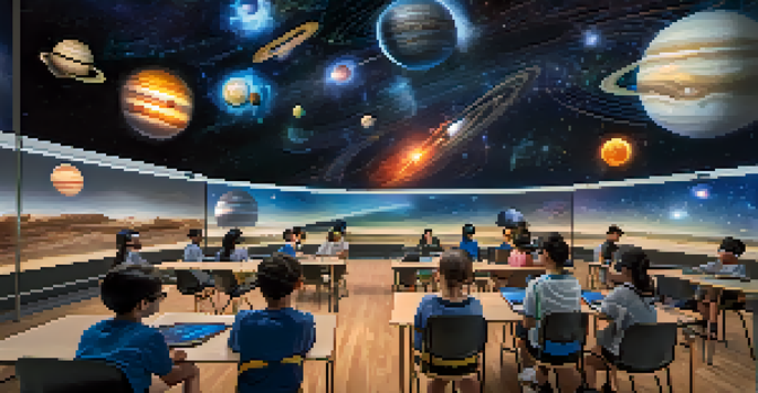 Students wearing virtual reality headsets, exploring a 3D solar system in an immersive classroom environment.