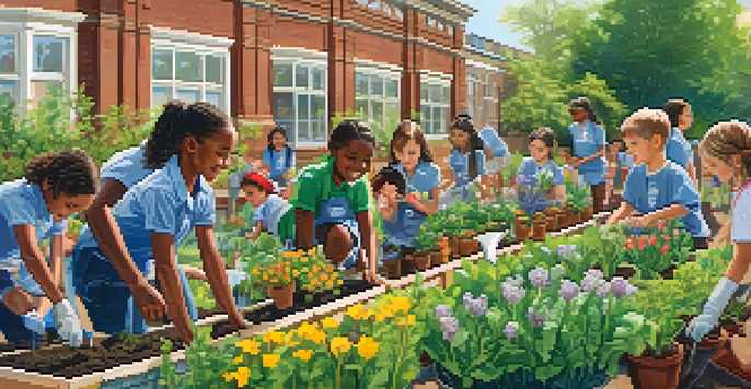 A lively school garden where students are planting and watering flowers and vegetables under a bright sun.
