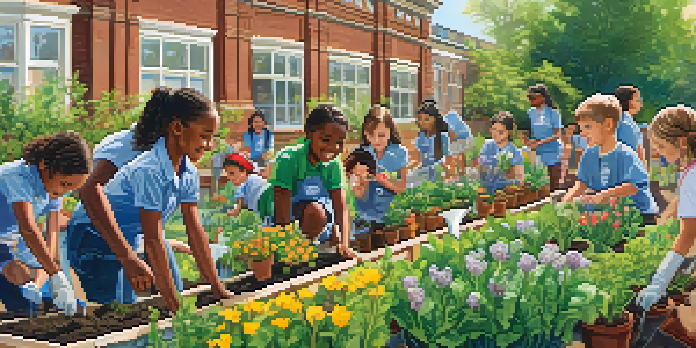 A lively school garden where students are planting and watering flowers and vegetables under a bright sun.