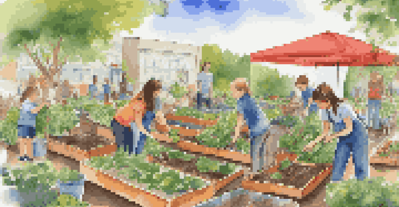 Students of different ages working together in a community garden, discussing ecology and sustainability in a bright outdoor setting.