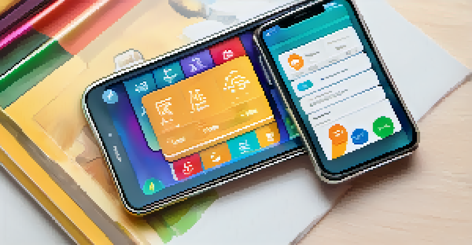 A close-up view of a smartphone with an educational app interface, featuring colorful graphics and a clean design, set against a softly blurred background.